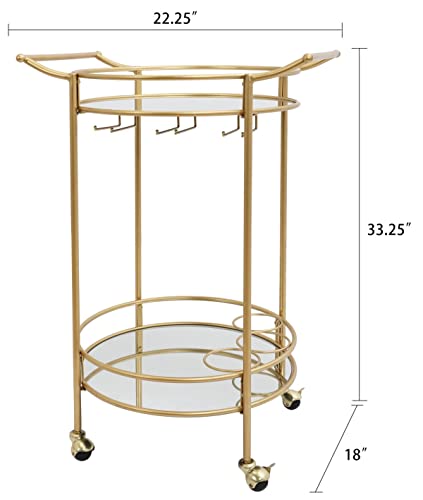 Round Gold Rolling Bar Cart With 2 Mirror Shelves, Wine Rack And Lockable Casters, Suitable For Home Kitchen, Club, Living Room, Thanksgiving, Christmas, New Year, 22"X18"X33" #TOP1