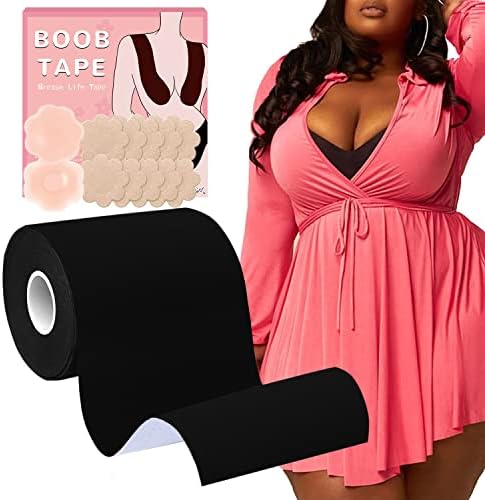 BEWTEIM Boobs Tape, Breast Lift Tape for Large Breasts, Black Boobytape for Breast Lift Plus Size, 3 inch Adhesive Bra Tape 1 Pair Silicon Nipple Stickers and 5 Pairs Satin Breast Petals