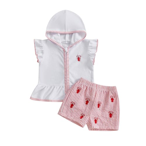 Gaono Kids Baby Girl Swim Cover Up Crayfish Ruffle Zipper Hooded Tops Striped Trunks Set Toddler Bathing Suit Beach Swimwear (Pink, 18-24 Months)