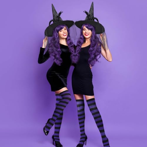 Kuscul KUSCUL-CLO-240723-WITCHWIG-4PCS-SET 3Pcs Halloween Witch Costume Accessories Set Including Witch Hat Purple Wig Striped Socks thumb #4