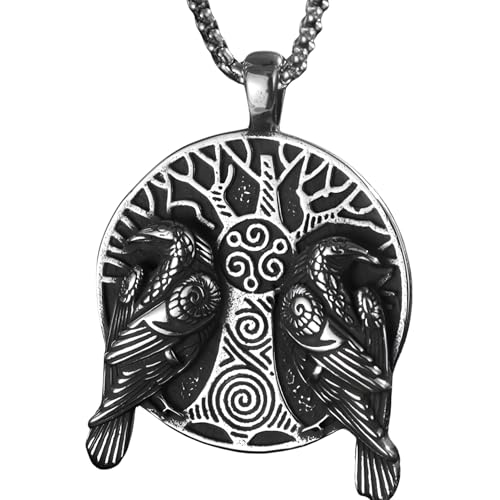 Pendentif corbeau viking arbre de vie acier inoxydable argent 1250