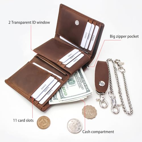 boshiho Mens Wallet with Chain, Crazy Horse Leather Trifold Wallet, RFID Blocking, Anti-Theft Chain for Men, Biker, Motorcycle4
