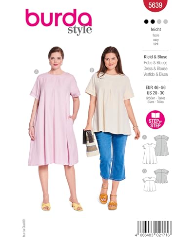burda style Patron de couture en papier pour femme Robe midi et chemisier à enfiler #5639 Taille 46-56