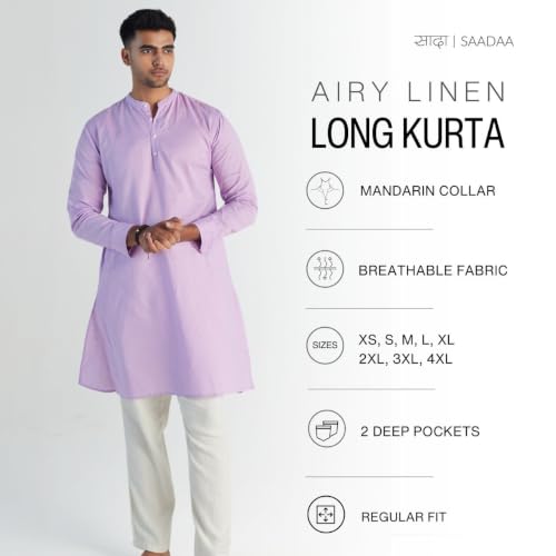 Image of SAADAA Men's Long Kurta - Linen Cotton Blend, Airy Fabric, Regular Fit, Mandarin Collar, Solid Color - Casual, Festive & Ethnic Wear