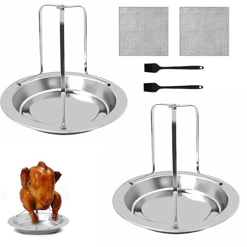 WLHFDC 2 Stück Hähnchenbräter Edelstahl Hähnchen Ständer Hähnchenhalter Grill Hähnchengrill Herausnehmbare Hähnchen Grill mit 2 Ölpinsel und 2 Reinigungstüchern Hänchenhalterung Backofen für Camping