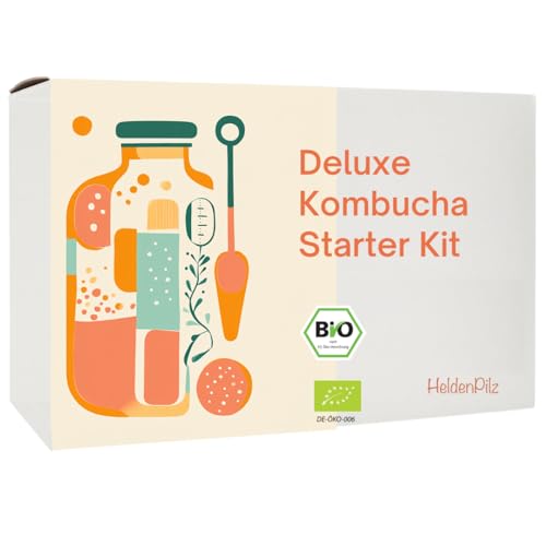 HeldenPilz BIO Kombucha Starter Set Kombucha selber machen | SCOBY Teepilz mit Ansatzflüssigkeit & Zubehör | Lebende Kulturen mit Anleitung | Bio & plastikfrei