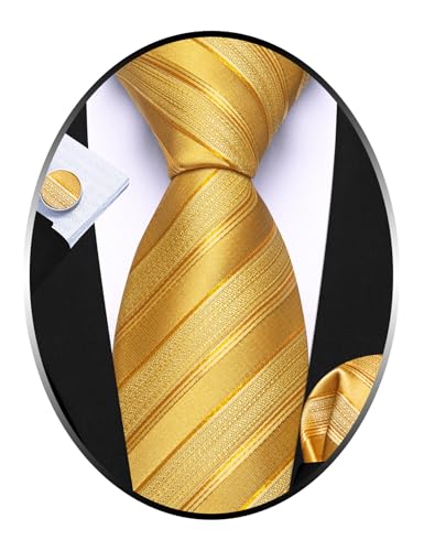 Image of Barry.Wang Man Stripe Ties Set Silk Woven Pocket Square Necktie Cufflinks Formal Party Business