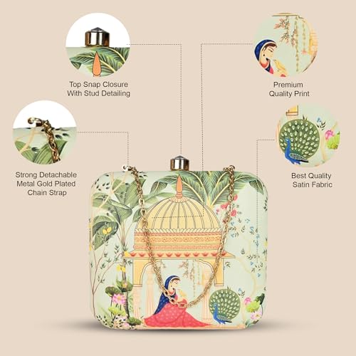 Image of Artklim Multicolour Printed Trendy Box Clutch for Women & Girls - Hard Case Sling Purse - Casual & Brunch Handbag with Detachable Chain Strap - Gift for Woman