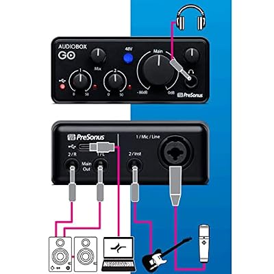 Presonus AudioBox GO Mobile 2x2 USB Audio Recording Interface with Creative Software Kit and Studio Bundle and Eris E3.5 Pair Studio Monitors and Adjustable Suspension Boom Arm + HD7 Headphones