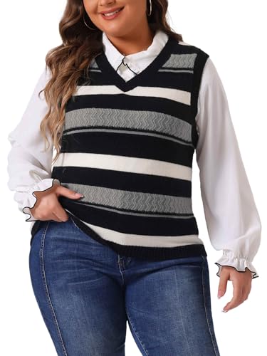Image of Agnes Orinda Plus Size Sweaters for Women Sleeveless V Neck Striped Knit Casual Pullover Sweater Vests