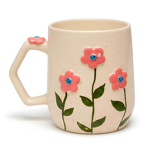 Image of Handmade Ceramic Coffee Mug with 3D Embossed Pink Flowers & Green Leaves, Handpainted Floral Tea Cup, Microwave Safe, Dishwasher Safe, BPA Free, Artisan Pottery Mug for Coffee Tea (240ml)