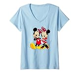 Womens Disney Big Mickey and Minnie Mouse V-Neck T-Shirt, Blue, Small