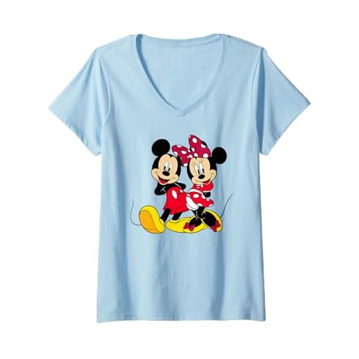 Womens Disney Big Mickey and Minnie Mouse V-Neck T-Shirt, Blue, Small