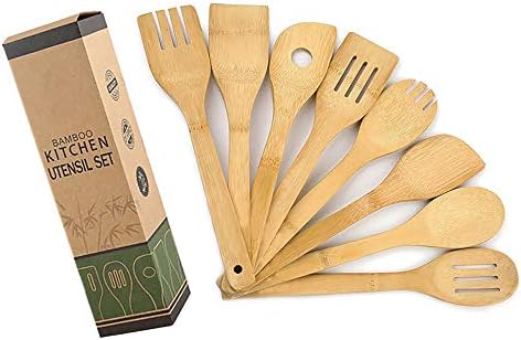 Set di 8 Utensili da Cucina in Legno di bambù, Facili da Pulire, Spatola in Legno di bambù, Cucchiaio e Spatola, Mix Perfetto per Pentole e Padelle Antiaderenti e Wok