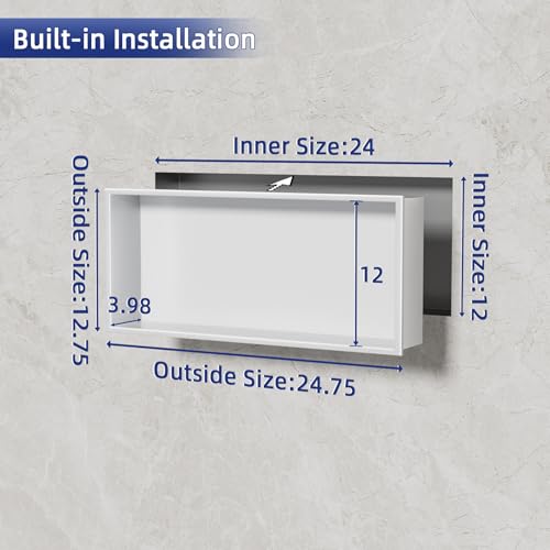 No Tile Needed Shower Niche - 12"x24" White 304 Stainless Steel Recessed Shelf,Over Mount Installation for Bathroom & Shower Wall,Waterproof - Image 4