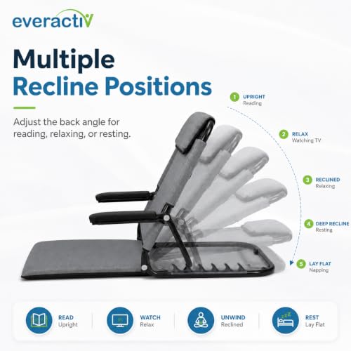 Image of Everactiv Adjustable Bed Back Support with Armrest, Foldable 6 Position Bed Rest Chair for Elderly, Reading, Resting & Recovery