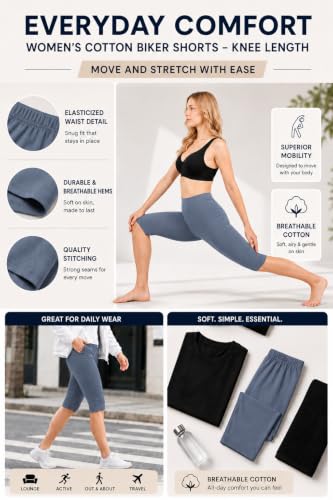 Image of mybody Women's Cotton Knee Length Cycling Shorts | Stretchable Breathable Biker Gym Yoga Workout Shorts | Mid Waist Athletic Fit (in, Alpha, S, Gray)