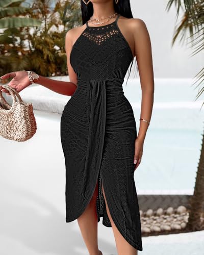 Image of CHICME Womens Summer Halter Dress Hollow Out A Line Vacation Dress
