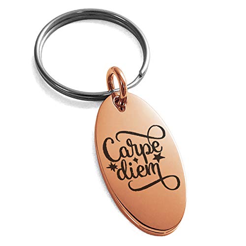 Stainless Steel Carpe Diem Small Oval Charm Keychain Keyring