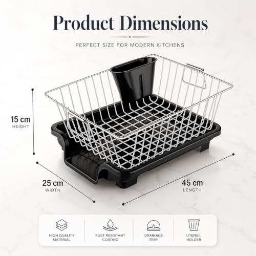 Image of Stainless Steel Dish Drying Rack with Drainer | Kitchen Utensil Stand | Rust Resistant Dish Drainer Basket for Plates & Bowls (Black, Pack Of 1)(Size-45 * 25 * 15)