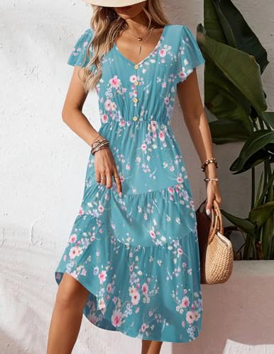 Image of Zeagoo Women's Summer Casual Dress Flutter Short Sleeve V Neck Button Down Tiered Flowy Long Dress with Pockets