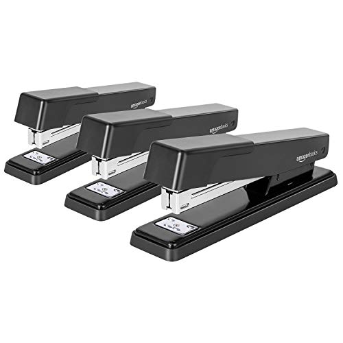Amazon Basics Stapler, Light Duty Desktop Stapler, Metal Office Stapler, Full Strip, 25 Sheet Capacity, 3-Pack, Black