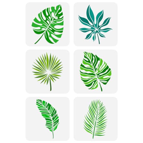 FINGERINSPIRE 6Pcs Tropical Leaves Painting Stencil 20x20cm Monstera Ceriman Rubber Grass Palm Leaf Spraying Stencil Plants Themes Spraying Stencils Reusable Leaves Pattern Wall Hollow Out Stencils