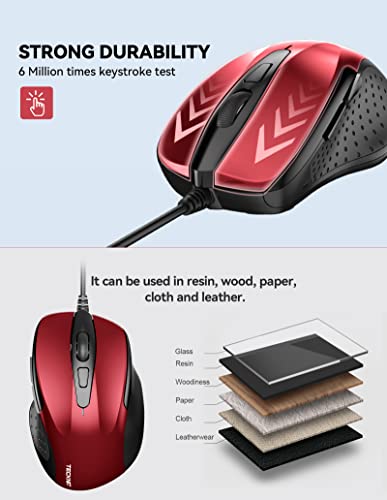 Image of TECKNET USB Wired Mouse, 6-Button Corded Computer Mouse with 4 Adjustable DPI, Optical Computer Mice with Ergonomic Design and 5FT Cord for Laptop, Chromebook, PC, Desktop, Mac, Notebook - Dard Red