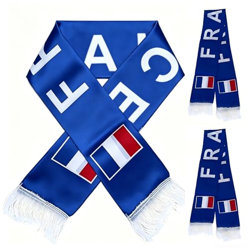 AURALIN Écharpe de Supporter France, Lot de 2 Écharpes de Football Tricolores Bleu Blanc Rouge, Polyester 100%, Imprimées des Deux Côtés pour Coupe du...