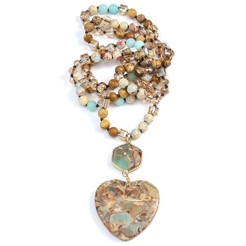 Yomisa Long Necklaces for Women Men Boho Natural Stone Beaded Heart Pendant Necklaces for Womens Trendy Beige Handmade Bohemian Western Bead Necklace Holiday Fashion Charm Jewelry Gifts 35
