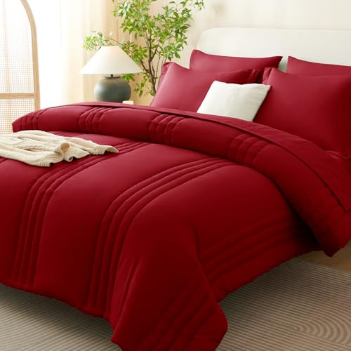 Image of CozyLux Full Size Comforter Sets Dark Red - 7 Pieces Bed in a Bag, Modern Vertical Quilted Room Decor, Soft All-Season Bedding Gift with Comforter, Sheets, Pillowcases & Shams