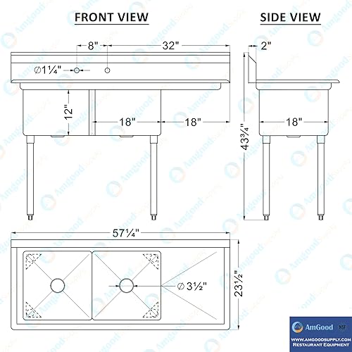 Image of AmGood Stainless Steel Prep & Utility Sink | 304 Stainless Steel | Restaurant, Kitchen, Laundry, Garage | NSF (23 in. x 57 in. | Two Bowls | Right Drainboard)