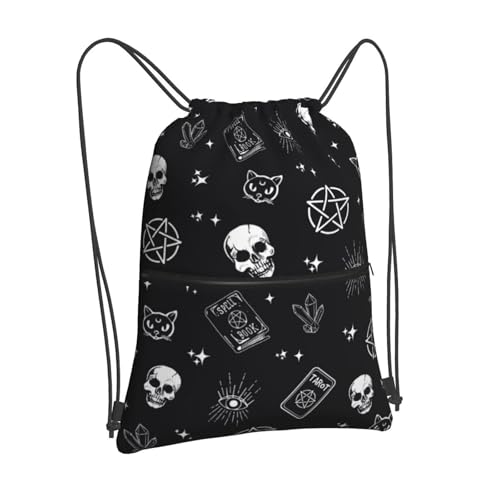 Image of Gothic Skull Cat Magic Drawstring Bag, Halloween Goth Magic Book Drawstring Backpack, Light Large Capacity Durable String Sackpack, Waterproof Cinch Sackpack for Yoga Sport Gym Beach Shopping