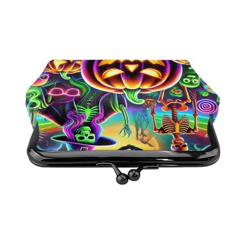 Pu Leather Buckle Coin Purse Neon-Skeletons-Bats-Halloween Girls Kiss-Lock Change Purse Wallets2