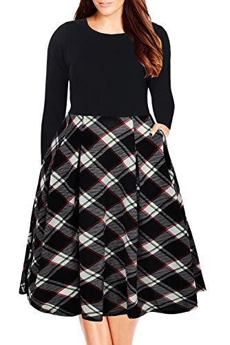 Nemidor Women s Floral Print Vintage Style Plus Size Swing Casual Party Dress NEM107 (20W, Black Grid+Sleeve)