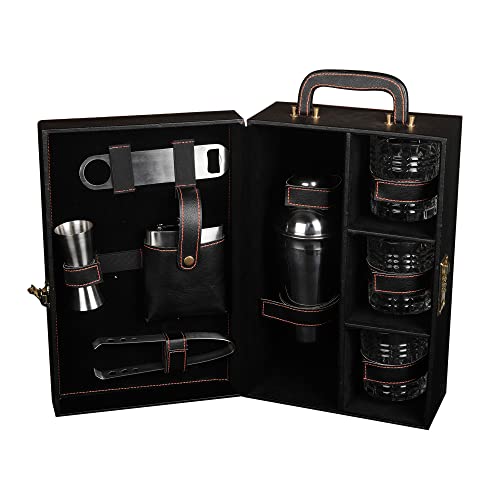 Anything & Everything Premium Bar Accessories Set with Whiskey Glasses | Premium Bar Tool Kit in Luxury Carry Case | Bar Set for Travel | Bar Set for Car | (Black)