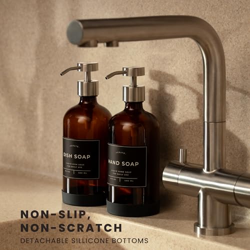 Image of Hand and Dish Soap Dispenser for Kitchen and Bathroom, Set of 2 16 Oz Glass Bottles, Stainless Steel Pumps, Non-Slip Silicone Base, 27 Waterproof Labels (Amber Bottle /Brushed Silver Pump)
