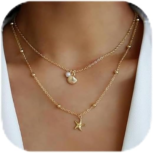 BendJoy® Layered Necklace for Women - Starfish SeaShell Pearl Beach Necklace | Adjustable Alloy Chain, Aesthetic Boho Jewe...