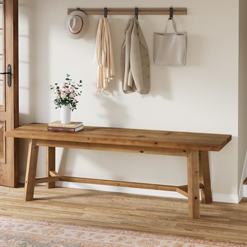 TRIBEWOOD 55" Solid Wood Bench, Farmhouse Long Bench Seat for Entryway, Dining Room, Living Room, Solid Wood, Rustic Brown