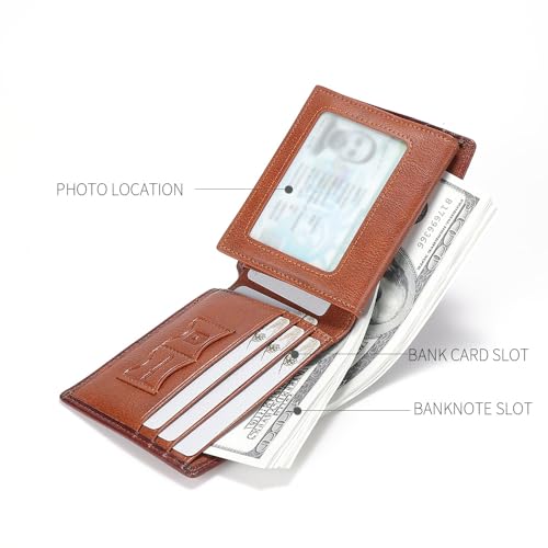 Image of Mens Trifold Leather RFID Blocking Wallet with 2 ID Windows 2 Cash Compartments 6-8 card slots 2-3 inside slots Large Capacity Wallet