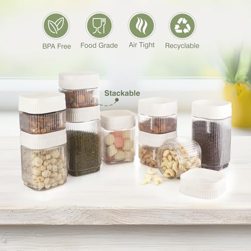Image of Nayasa Refresh Container Set of 9 | 500ml x 5, 750ml x 2, 1150ml x 2 | Transparent Airtight Plastic Jars | Stackable Kitchen Storage Containers | BPA Free & Reusable | White