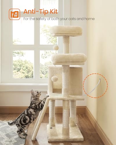 Image of Feandrea Cat Tree, 45.3-Inch Cat Tower, Plush Condo Scratching Post, Beige | 45.3-Inch Cat Tower, Plush Condo with Scratching Post, Ramp, Perch, Spacious Cave, Beige