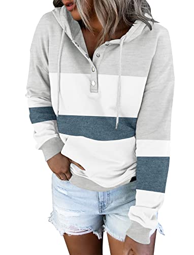 Etcyy Women's Color Block Hoodies Tops Long Sleeve Casual Drawstring Fall Button Down Pullover Sweatshirt With Pocket #TOP2