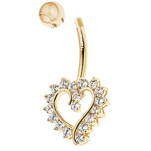Ritastephens 14k Solid Gold Cubic Zirconia Open Heart Belly Button Navel Ring Body Art (Yellow or White)2