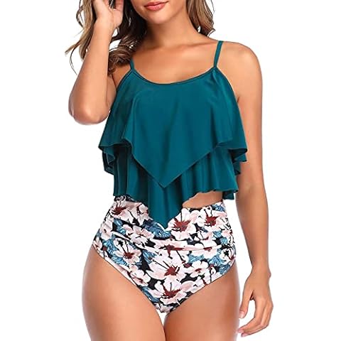 Genfien Swimsuit for Women Two Piece Bathing Suits Ruffled Flounce Top with High Waisted Bottom Bikini Set Green Cover