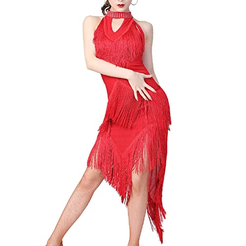 Tanzkleid Damen Latein, Flapper Kleid Pailletten ärmellos Fransen Kleider, 1920s Tanzkleider Salsa Cha Cha Tango Rumba Ballsaal,Rot,M