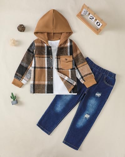 Renotemy 3PCS Toddler Boy Clothes Winter Fall Outfits Flannel Plaid Hoodie Sweatshirt White T-Shirt Jeans Sets for 2-7Y Boys2