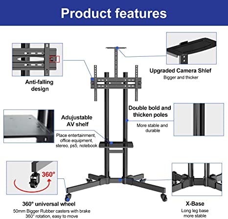 BEONE Moible TV Mount Stand Cart Trolley with Wheels, TV Stand Cart Mobile, Height Ajustable TV Stand Mount for 32"-65" HDR & LCD TV Screens, Black (32-65in)