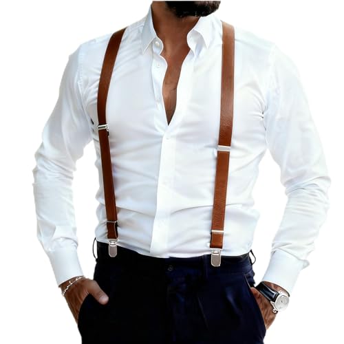 GUCHOL Suspenders for Mens and Women Elastic 1 inch Wide Adjustable Leather Heavy Pants Strong Metal Clips Suspender Costume (Brown)
