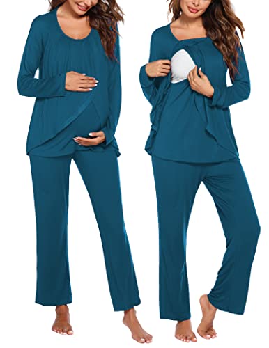 Image of Ekouaer Maternity Nursing Pajama Set Long Sleeve Breastfeeding Sleepwear | Maternity Lounge Set, Long Sleeve Top & Pants with Pockets Double Layer Winter Maternity Clothes Gifts for Pregnant Women
